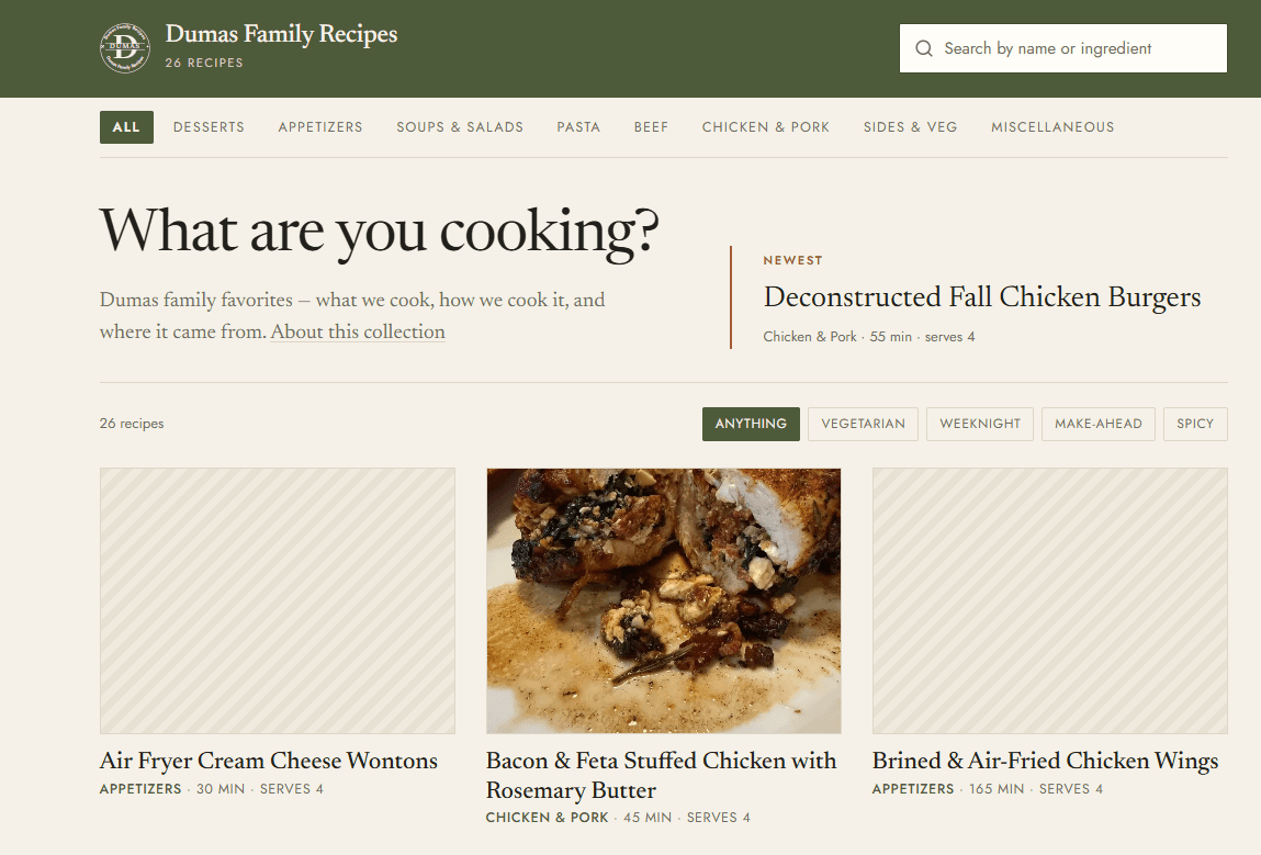 The Dumas Family Recipes home page: a recipe grid under the heading “What are you cooking?”